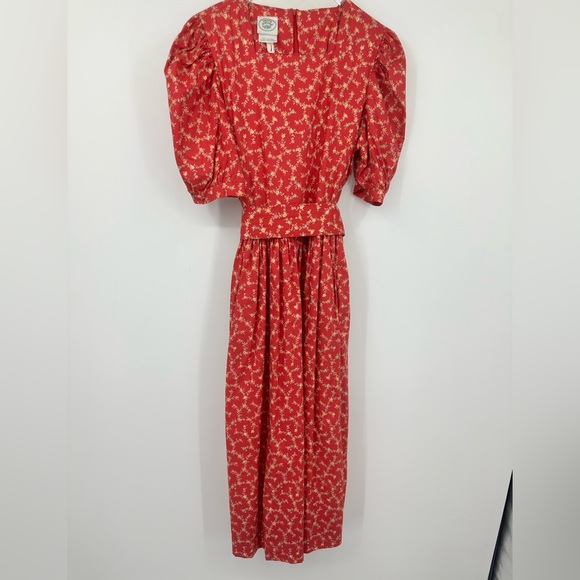 VTG 80s Lauren Ashley Puff Sleeves Red Floral Midi Dress 8 Cottagecore | AM584 - Picture 2 of 9